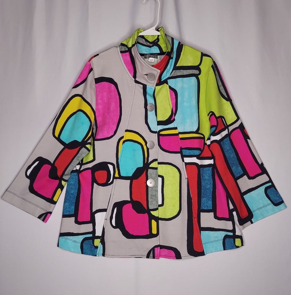 Art Simply Dolcezza Jacket Women XLP Colorful Geometric Button Stretch 3/4 Artsy